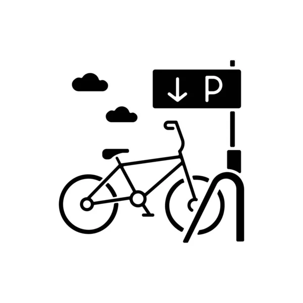 自転車駐車場ラック黒グリフアイコン 生態輸送 道路標識付きの企業駐車場 自転車のナビゲーションポインタ 白い空間にシルエットのシンボル ベクトル分離図 — ストックベクタ