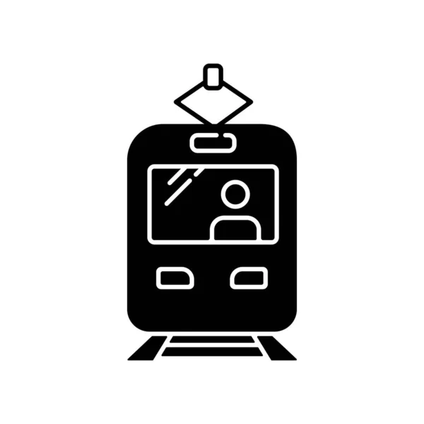 电车黑色字形图标 快速过境 在火车站上下班 快速运输 城市公共交通 城市道路基础设施 白色空间上的轮廓符号 矢量孤立的说明 — 图库矢量图片