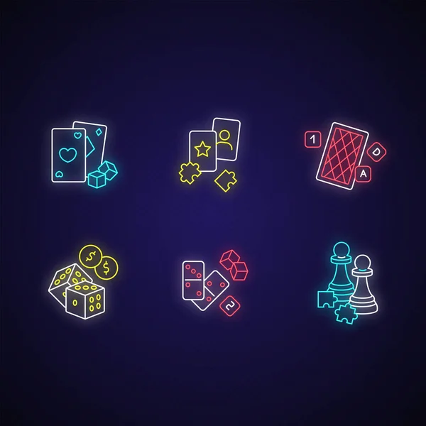 Jeux Argent Jeux Intellectuels Néon Lumière Icônes Ensemble Panneaux Divertissement — Image vectorielle