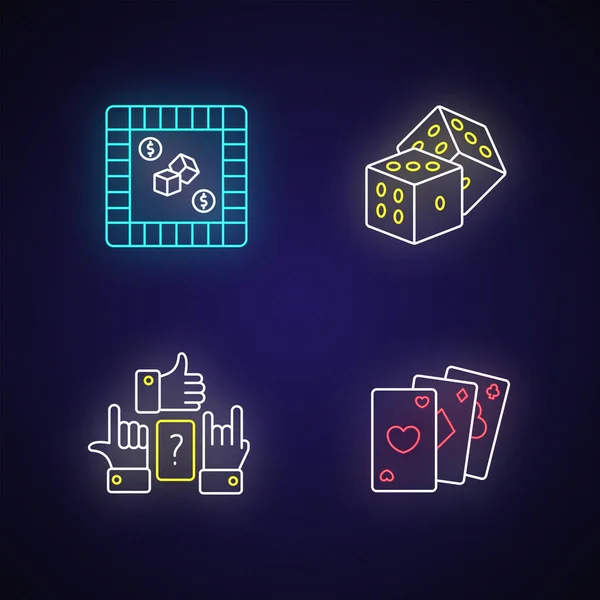 Zábavné Hry Neonové Světelné Ikony Set Tradiční Hazardní Hry Značky — Stockový vektor