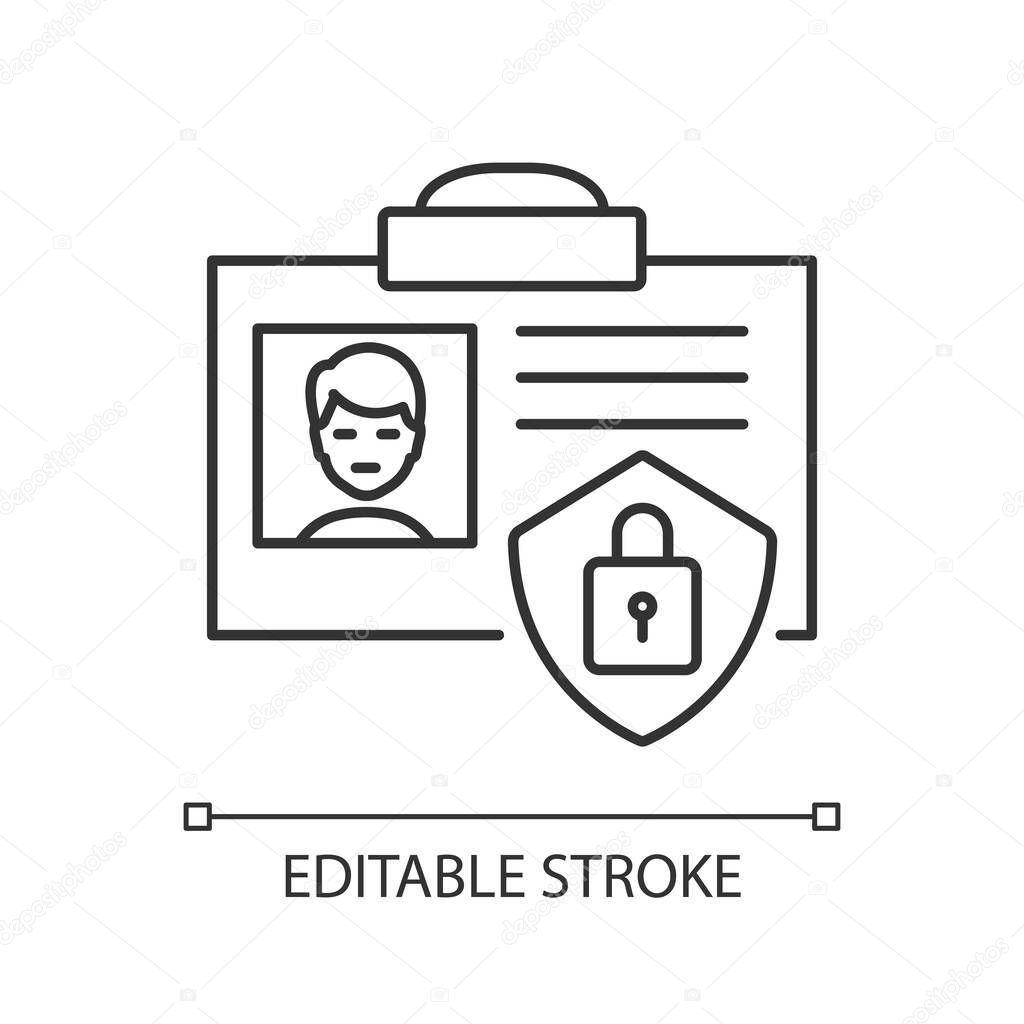 ID security pixel perfect linear icon. Information encryption. Identification card protection. Thin line customizable illustration. Contour symbol. Vector isolated outline drawing. Editable stroke