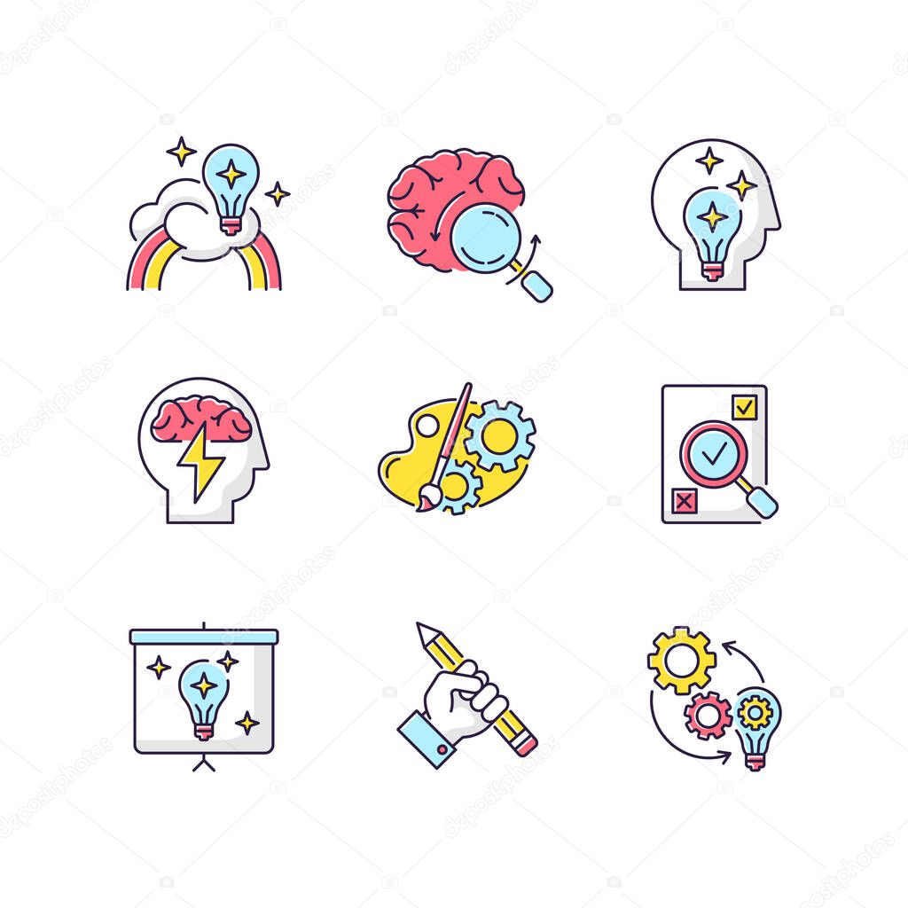 Creative mind workflow RGB color icons set. Inspiration for project development. Business presentation of smart solution. Brainstorming for new idea. Creative writing. Isolated vector illustrations