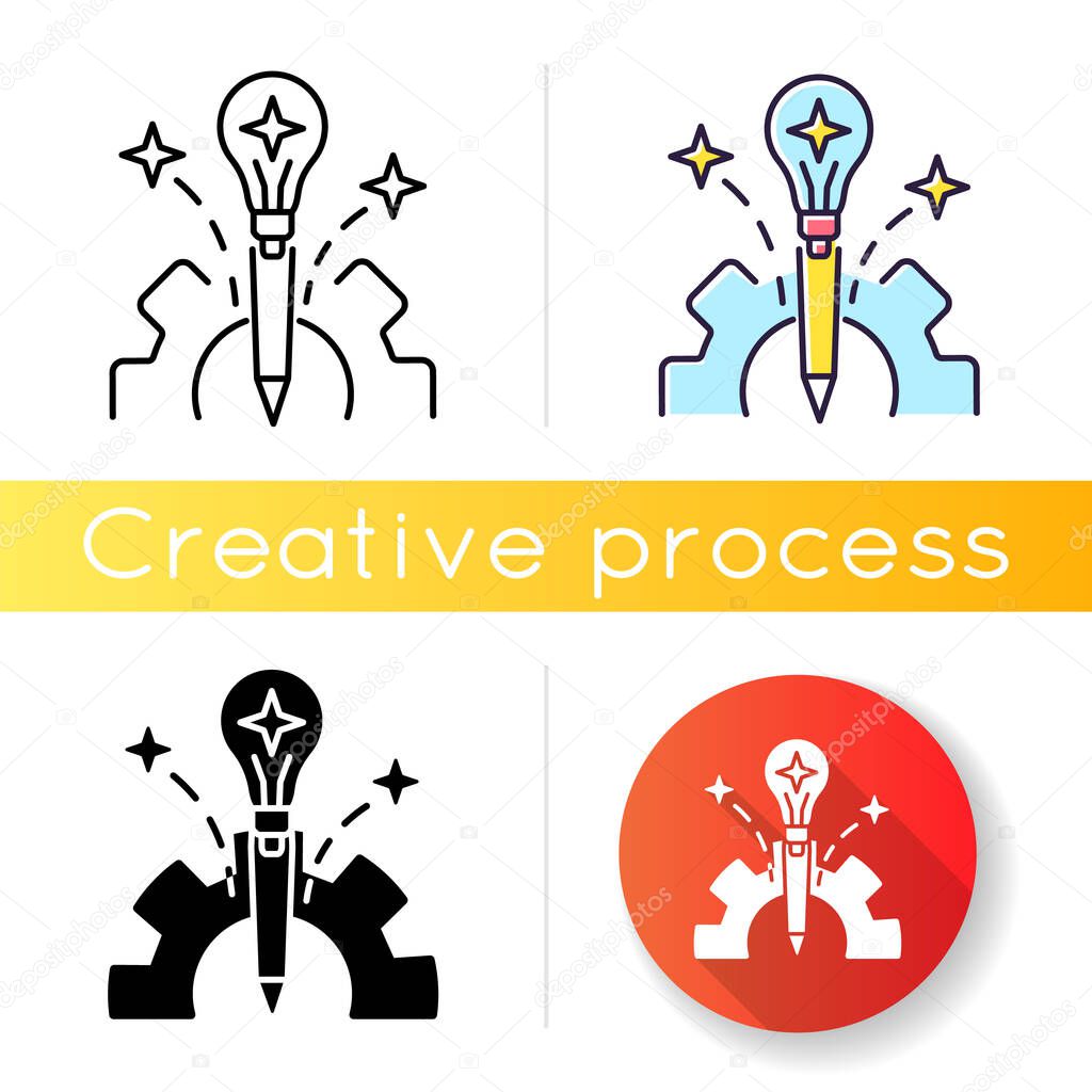 Experiment icon. Creative writing. Drawing process. Production process. Smart solution. Workflow of innovative development. Linear black and RGB color styles. Isolated vector illustrations