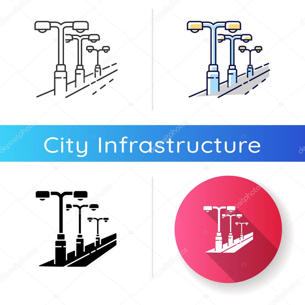 Street lighting icon. Lamp pillar row in public area. Downtown night modern lantern. Electric system. City infrastructure. Linear black and RGB color styles. Isolated vector illustrations