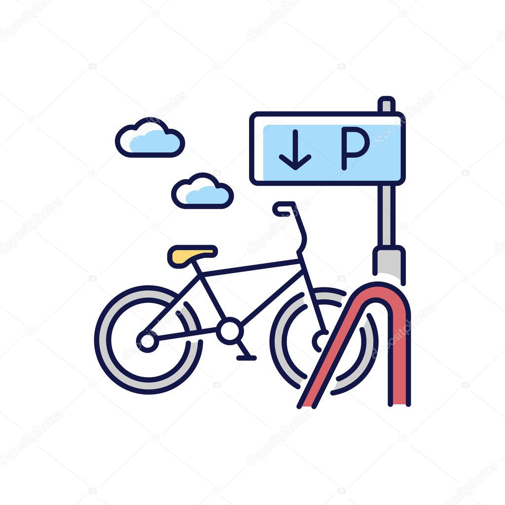 Bicycle parking rack RGB color icon. Ecological urban transportation. Corporate parking lot with road sign. Navigation pointer for bike. City transit means. Isolated vector illustration