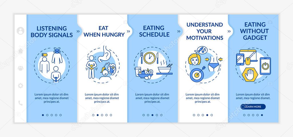 Mindful nutrition rules onboarding vector template. Eating without gadgets and understanding motivation. Responsive mobile website with icons. Webpage walkthrough step screens. RGB color concept