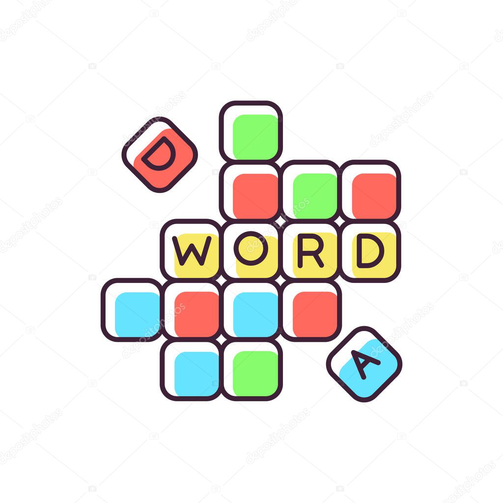 Word game RGB color icon. Traditional family entertainment, friendly party amusement. Intellectual activity. Blocks with letters isolated vector illustration