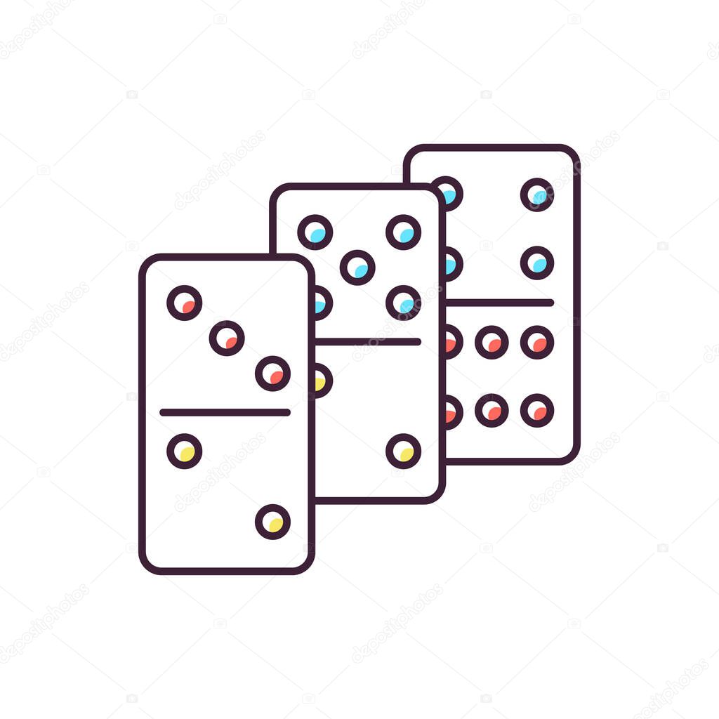 Dominoes RGB color icon. Traditional tabletop game, gambling activity. Recreational activity, competitive game of chance. Domino pieces isolated vector illustration