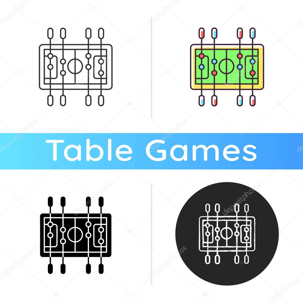 Table soccer icon. Traditional friendly party recreational activity. Linear black and RGB color styles. Competitive bar, pub game. Miniature football table isolated vector illustrations
