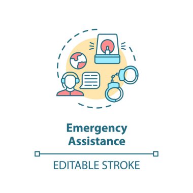Acil yardım konsepti simgesi. Yabancı ülke vatandaşları destek veriyor. Çağrı merkezi temsilcisi ince çizgi çizimi yaptı. Vektör izole edilmiş RGB renk çizimi. Düzenlenebilir vuruş