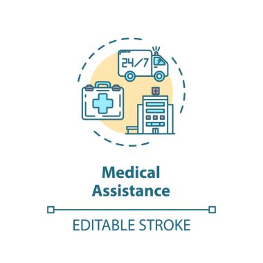 Tıbbi yardım kavramı ikonu. Acil servis. Ambulans arabası. 24 saat doktor desteği. Hastane çizgisi çizimi. Vektör izole edilmiş RGB renk çizimi. Düzenlenebilir vuruş