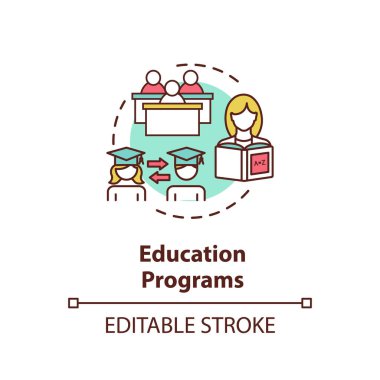 Eğitim programları konsept simgesi. Öğrenme süreci. Akademik diploma. Üniversite öğrencileri program fikirlerini değiştirip ince çizgiler çiziyorlar. Vektör izole edilmiş RGB renk çizimi. Düzenlenebilir vuruş
