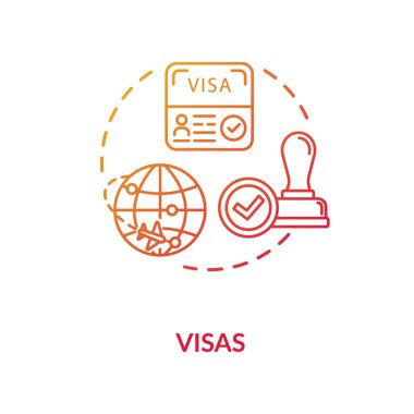 Visa konsept simgesi. Yurt dışına. Yabancı ülke belgesi başvurusu. Yasal göçmenlik onaylama fikri ince çizgi çizimi. Vektör izole edilmiş RGB renk çizimi