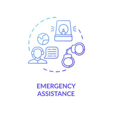 Acil yardım konsepti simgesi. Yabancı ülke vatandaşları destek veriyor. Çağrı merkezi temsilcisi ince çizgi çizimi yaptı. Vektör izole edilmiş RGB renk çizimi