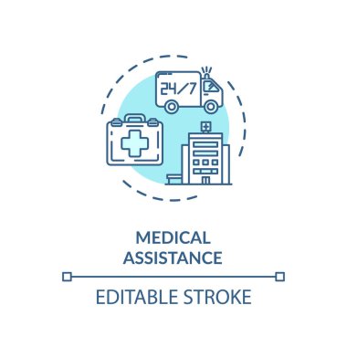 Tıbbi yardım kavramı ikonu. Acil servis. Ambulans arabası. 24 saat doktor desteği. İlkyardım ince çizgi çizimi. Vektör izole edilmiş RGB renk çizimi. Düzenlenebilir vuruş