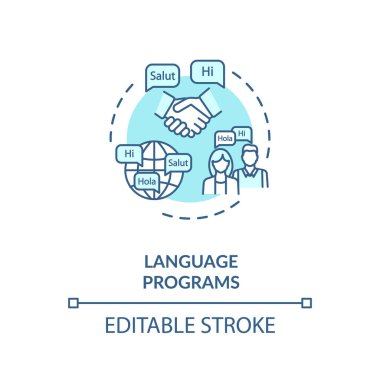Dil programları konsept simgesi. Ana dili konuşma dersi. Çok dilli toplum. Dilbilim Üniversitesi 'nin ince çizgi çizimi fikri. Vektör izole edilmiş RGB renk çizimi. Düzenlenebilir vuruş