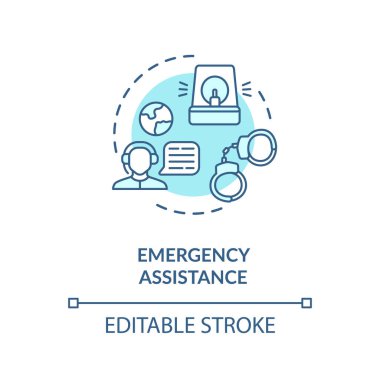 Acil yardım konsepti simgesi. Yabancı ülke vatandaşları yardım hattı. Çağrı merkezi temsilcisi ince çizgi çizimi yaptı. Vektör izole edilmiş RGB renk çizimi. Düzenlenebilir vuruş