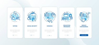 Hukuki yönetim mobil uygulama sayfa ekranında kavramlarla birlikte. İş ve eğitim. Elçilik servisleri 5 aşamalı grafik talimatları inceliyor. RGB renk resimleriyle UI vektör şablonu