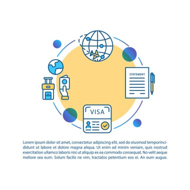 Metinli seyahat konsepti simgesi belgesi. Belgelerle yabancı ülkelere seyahat. PPT sayfa vektör şablonu. Broşür, dergi, kitapçık tasarım ögesi doğrusal çizimler