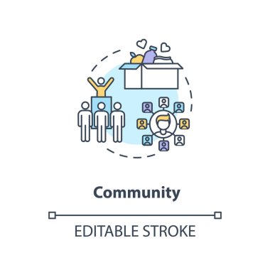 Toplum konsepti ikonu. Sosyal servis fikri ince çizgi çizimi. Kar amacı gütmeyen yerel bir örgüt. Yiyecek bağışı. İnsani yardım. Vektör izole edilmiş RGB renk çizimi. Düzenlenebilir vuruş