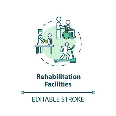 Rehabilitasyon tesisleri konsept ikonu. Rehabilitasyon kliniği. Fizyoterapi ince çizgi çizimi. Tıbbi rehabilitasyon. Vektör izole edilmiş RGB renk çizimi. Düzenlenebilir vuruş