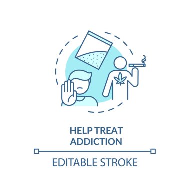 Bağımlılık turkuvaz konsept ikonunun tedavisinde yardımcı olur. Sigara içme programını bırakıyorum. Uyuşturucu bağımlılığı rehabilitasyon merkezi ince çizgi çizimi. Vektör izole edilmiş RGB renk çizimi. Düzenlenebilir vuruş