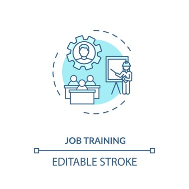 İş eğitiminde turkuaz konsept simgesi. Profesyonel eğitim. Şirket işverenleri ince çizgiler çiziyor. Kariyer koçluğu servisi. Vektör izole edilmiş RGB renk çizimi. Düzenlenebilir vuruş
