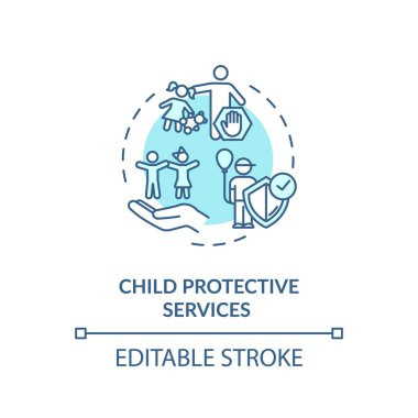 Çocuk Koruma Hizmetleri konsepti ikonu. Çocukların korunmasına karşı şiddet. Çocuk bakımı fikri ince çizgi çizimi. Sosyal hizmet görevlisi. Vektör izole edilmiş RGB renk çizimi. Düzenlenebilir vuruş