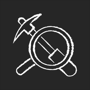 Siyah arka planda jeoloji beyaz tebeşir simgesi. Dünya bilimi, doğal disiplin. Çevre ve toprak yapısı araştırması. Jeolojik çalışma araçları izole vektör karatahta illüstrasyonu