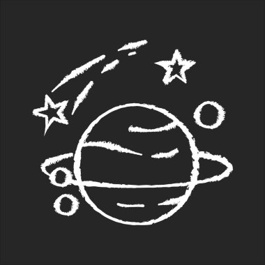Astronomi beyaz tebeşir ikonu siyah arkaplanda. Doğa bilimi, uzay keşfi. Gezegenler keşfedilir ve incelenir, evren araştırılır. Gök cisimleri izole vektör karatahta resimlemesi