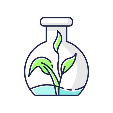 Botanik RGB renk simgesi. Doğa bilimi dalı, biyoloji. Yapay bitki büyümesi, genetiği değiştirilmiş organizma. Laboratuvar matarasında filizlenen izole vektör çizimi