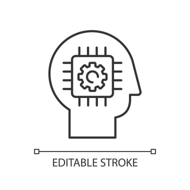 Sibernetik piksel mükemmel doğrusal simge. Yapay zeka, sinirsel ağ özelleştirilebilir ince çizgi çizimi. Contour sembolü. Baş ve mikroçip vektörü izole edilmiş dış hat çizimi. Düzenlenebilir vuruş