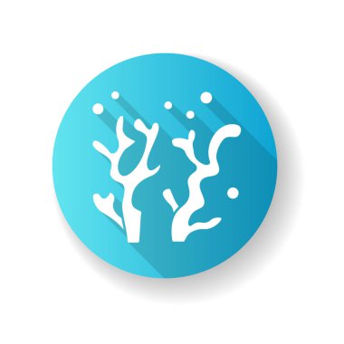 Okyanus bilimi mavi düz tasarım uzun gölge sembolü. Doğal bilim disiplini, deniz yaşamı araştırmaları. Su ortamları, okyanus bitkileri ve fauna çalışmaları. Mercan silueti RGB renk çizimi