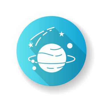 Astronomi mavi düz tasarım uzun gölge sembolü. Doğa bilimi, uzay keşfi. Gezegenler keşfedilir ve incelenir, evren araştırılır. Gök cisimleri silueti RGB renk çizimi
