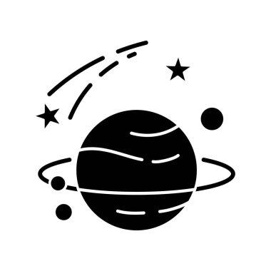 Astronomi siyah kabartma simgesi. Beyaz uzayda doğa bilimi, uzay keşfi silueti sembolü. Gezegenler keşfedilir ve incelenir, evren araştırılır. Gök cisimleri vektör izole çizimi