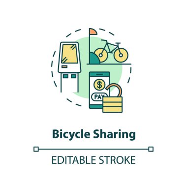 Bisiklet paylaşım konsepti simgesi. Kiralık bisiklet. Çevre dostu şehir ulaşımı. Toplu taşıma fikri için kiralama ince çizgi çizimi. Vektör izole edilmiş RGB renk çizimi. Düzenlenebilir vuruş