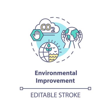 Çevresel gelişim kavramı ikonu. Endüstriyel atıkları azalt, CO2 salınımını durdur. Sürdürülebilir üretim fikri ince çizgi çizimi. Vektör izole edilmiş RGB renk çizimi. Düzenlenebilir vuruş