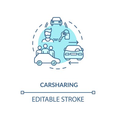 Araba paylaşımı konsept simgesi. Araç kiralama servisi. Otomobille toplu yolculuk. Ulaşım fikri ince çizgi çizimi. Vektör izole edilmiş RGB renk çizimi. Düzenlenebilir vuruş