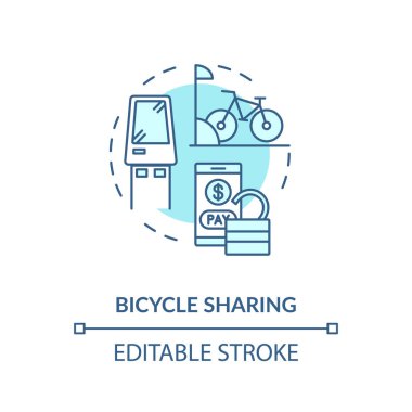 Bisiklet paylaşım turkuaz konsept simgesi. Çevre dostu şehir ulaşımı. Toplu taşıma fikri için kiralama ince çizgi çizimi. Vektör izole edilmiş RGB renk çizimi. Düzenlenebilir vuruş