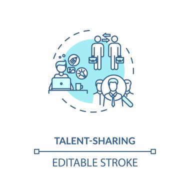 Yetenek turkuaz konsept ikonu paylaşıyoruz. İşbirlikçi çalışan projesi. Şirketler arası iş birliği ince çizgi çizimi. Vektör izole edilmiş RGB renk çizimi. Düzenlenebilir vuruş