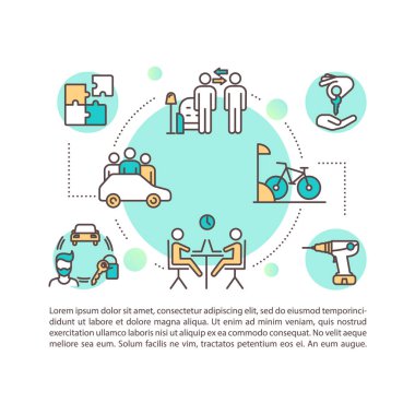 Paylaşımcı hizmetler konsept simgesini metin ile paylaşın. Araba paylaşımı, iş birliği ve kiralık mallar. PPT sayfa vektör şablonu. Broşür, dergi, kitapçık tasarım ögesi doğrusal çizimler