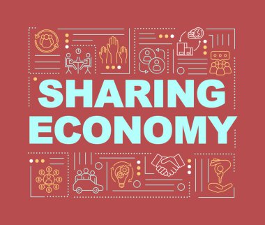 Ekonomi sözcüklerini paylaşmak afiş kavramlarını paylaşmaktır. Meslektaşlar arası iş modeline göre, kırmızı zemin üzerinde doğrusal simgeler olan işbirlikçi ekonomi bilgi grafikleri. İzole tipografi. Vektör çizgisi RGB renk çizimi