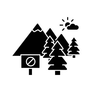 Ulusal park siyah simge simgesi. Doğayı koruma. Çevre kirliliğine karşı koruma. Vahşi yaşamı koruma. Ağaçları kurtar. Beyaz uzayda siluet sembolü. Vektör izole illüstrasyonu