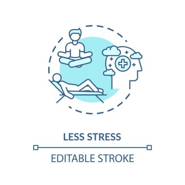 Daha az stres turkuvaz konsept ikonu. Rahatlamak ve dinlenmek için meditasyon. Coping mekanizması. Zihinsel sağlık fikri ince çizgi çizimi. Vektör izole edilmiş RGB renk çizimi. Düzenlenebilir vuruş
