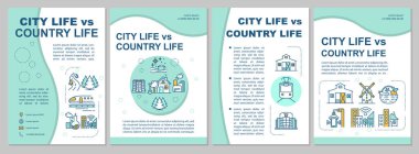 Şehir ve kırsal yaşam broşürleri. Şehir hayatı, taşra hayatı. Broşür, broşür, broşür baskısı, doğrusal simgelerle kaplama tasarımı. Dergiler için vektör planları, yıllık raporlar, reklam posterleri
