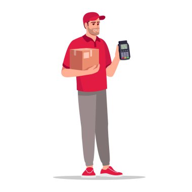 Yarı düz RGB renk çizimi için terminal ödemesi. Paketle teslimatçı. Beyaz arka planda kırmızı üniformalı beyaz erkek kurye izole edilmiş çizgi film karakteri.