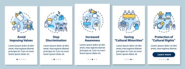 Mobil uygulama sayfası ekranında kavramlarla ayrımcılığı durdurun. Çok kültürlülüğün takdir edilmesi 5 aşamalı grafik talimatlar. RGB renk resimleriyle UI vektör şablonu