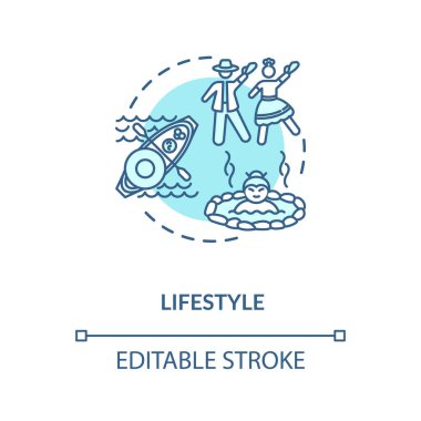 Yaşam tarzı turkuaz konsept ikonu. Kültürel çeşitlilik. Etnik gelenekler. Çok ırklı bir norm. Ulusal gelenek fikri ince çizgi çizimi. Vektör izole edilmiş RGB renk çizimi. Düzenlenebilir vuruş