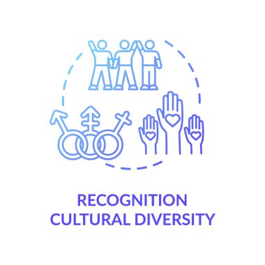 Kültürel çeşitlilik tanıma mavi konsept ikonu. Çok ırklı bir grup. Toplumda cinsiyet eşitliği. Çok kültürlülük fikri ince çizgi çizimi. Vektör izole edilmiş RGB renk çizimi