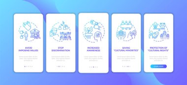 Mobil uygulama sayfasında konseptlerle ırkçı nefreti durdurun. Çok kültürlülüğün takdir edilmesi 5 aşamalı grafik talimatlar. RGB renk resimleriyle UI vektör şablonu